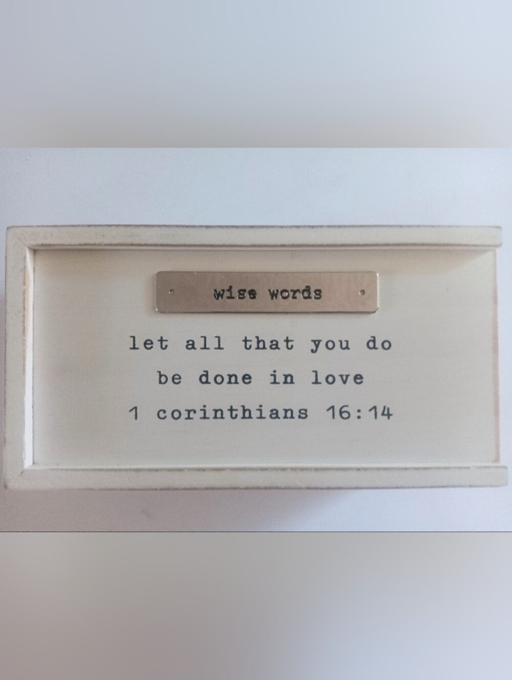 White Rustic Wood Keepsake Box Sliding Lid Metallic Plaque "Wise Words" NWOT